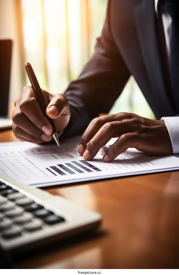 A businessman is reviewing financial reports.
