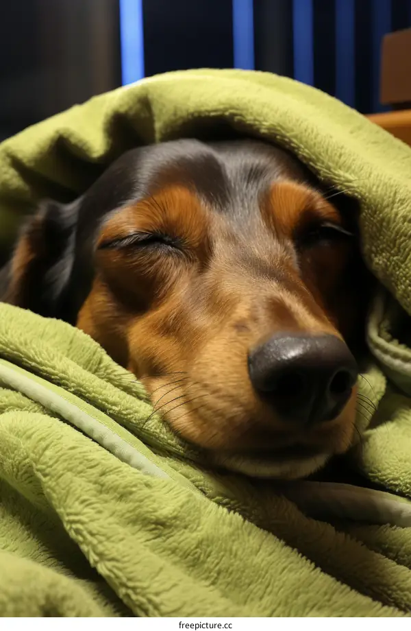 A dachshund puppy sleeping under a blanket