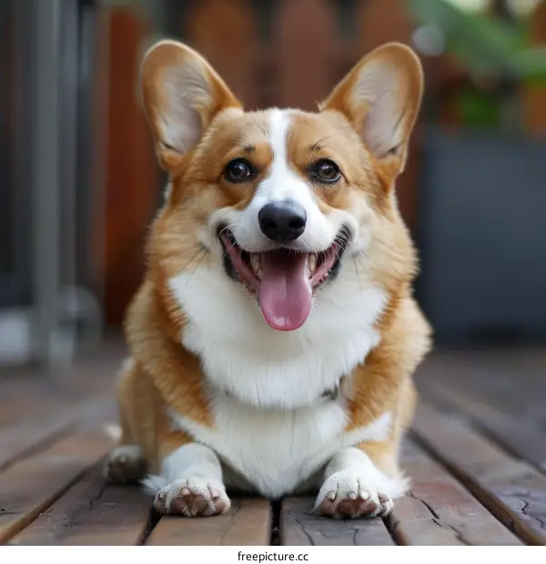 Playful Corgi Looking at Camera on Wooden Floor