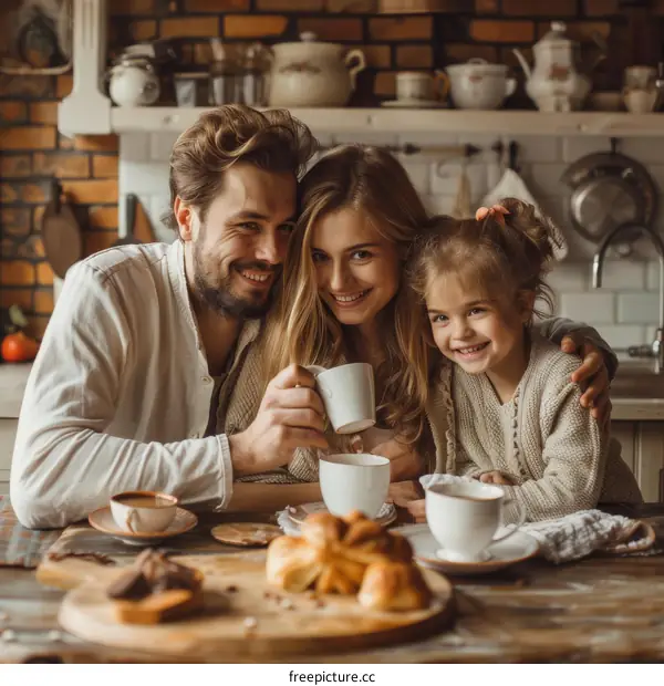 Happy family drinking tea in the kitchen