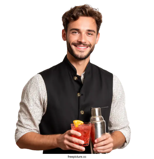 [Transparent Background PNG]Bartender Serving a Red Cocktail in a Bar