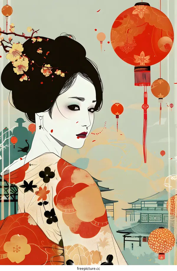 Asian Woman in Traditional Kimono With Cherry Blossoms and Red Lanterns