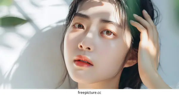 Close Up Portrait of a Young Asian Woman Looking at Camera with Sunlight on Her Face