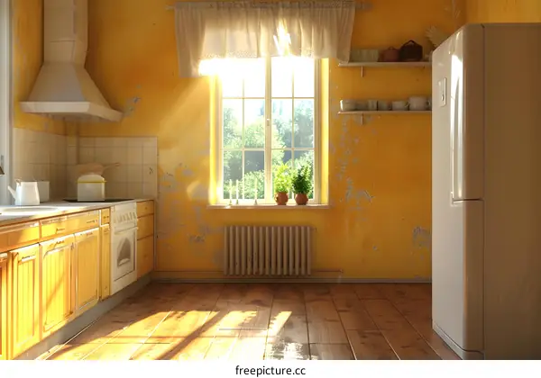Vintage Kitchen Interior Design with Yellow Walls and Wooden Floor