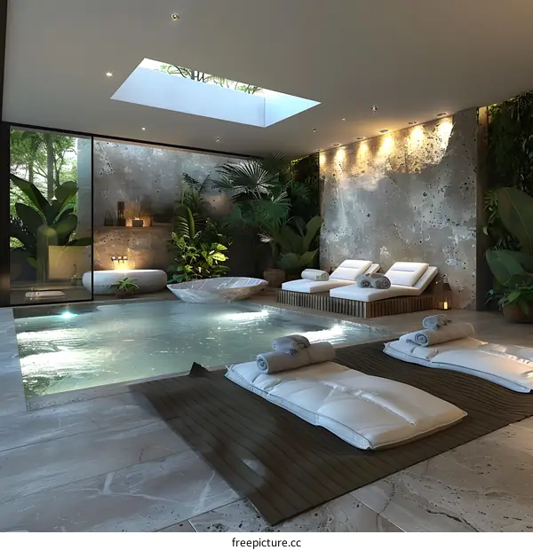 The indoor swimming pool is surrounded by green plants