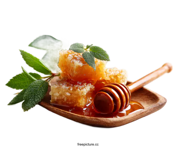 [Transparent Background PNG]Honeycomb Pieces with Honey Dipper on Wooden Plate
