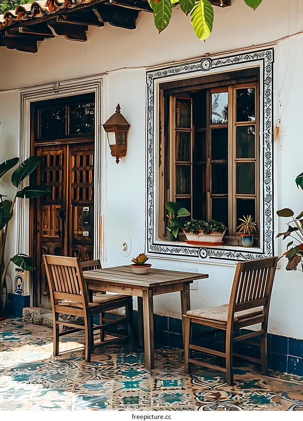 Patio Table and Chairs Outside a White Building