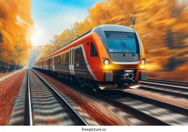 A high-speed train travels through a colorful autumn forest
