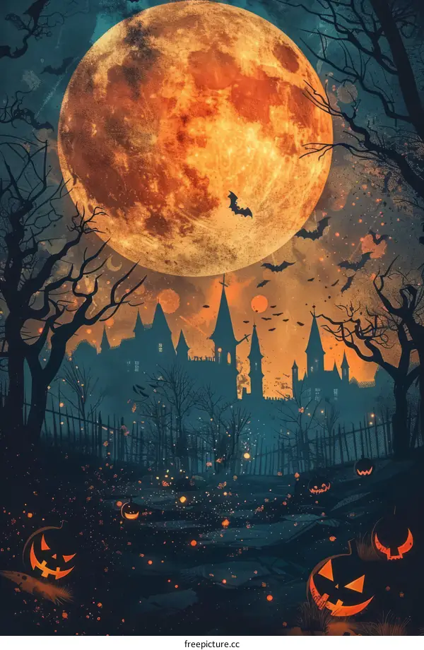 Spooky Halloween night scene with haunted house and pumpkins