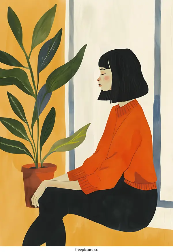 Woman Sitting by Window with Plant