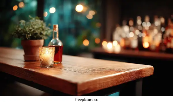 Wooden Bar Counter Top with Candle and Bottle