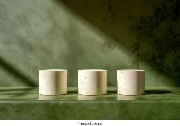 Three Beige Cylindrical Pedestals on Green Background