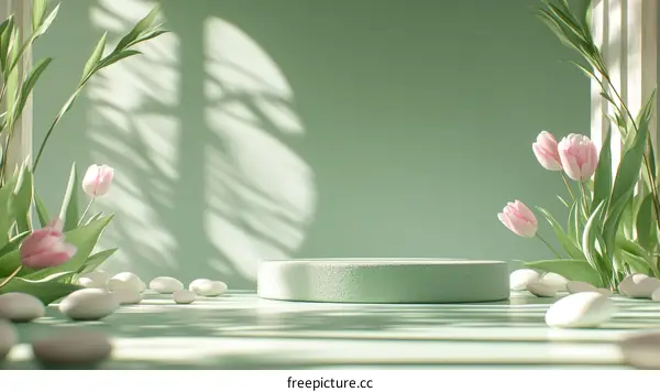 Pastel Green Display Podium with Pink Tulips and Greenery