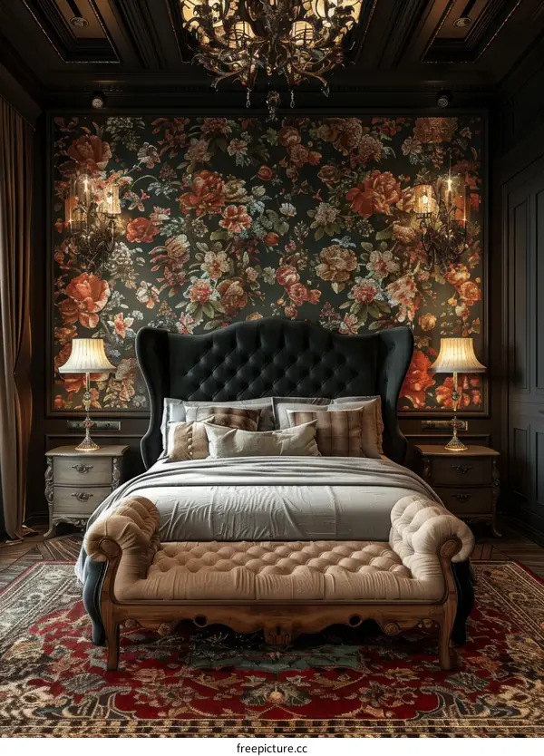 Ornate bedroom with dark green floral wallpaper and tufted headboard