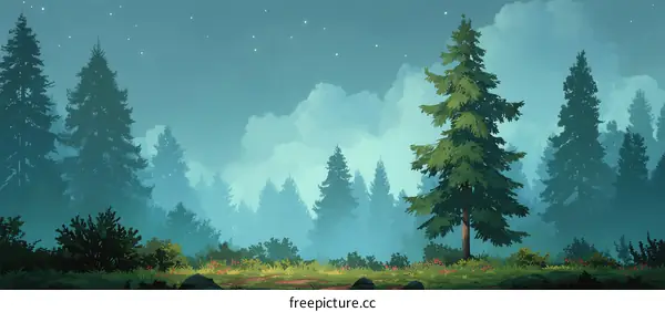 Misty Forest Landscape Illustration