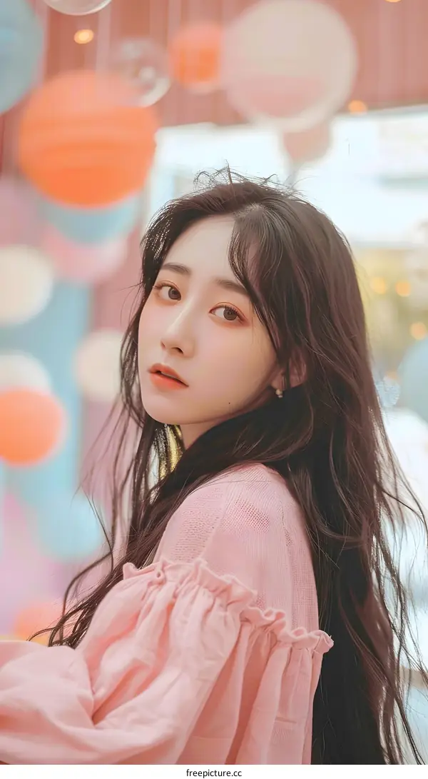 Young Asian Woman Posing With Pink Outfit and Soft Blurred Background