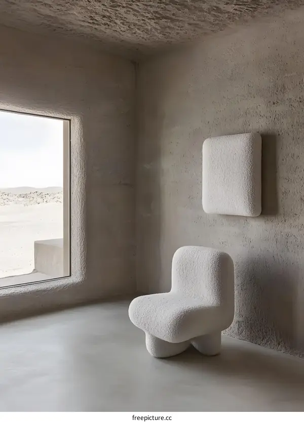 Minimalist Concrete Room with White Fluffy Chair and Desert View