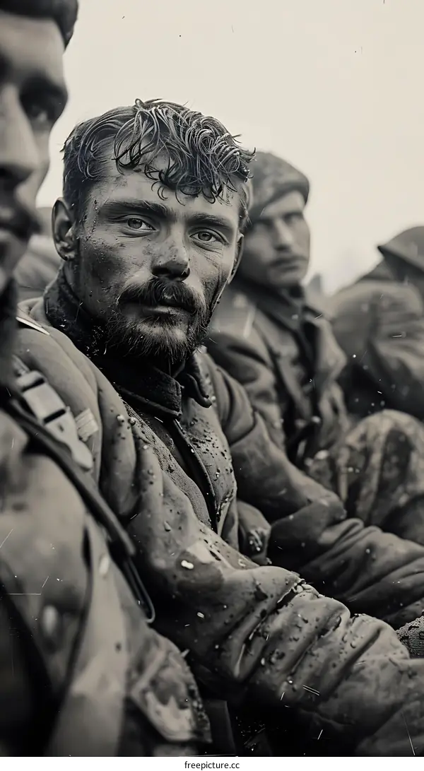 A soldier staring at the camera with two other soldiers in the background