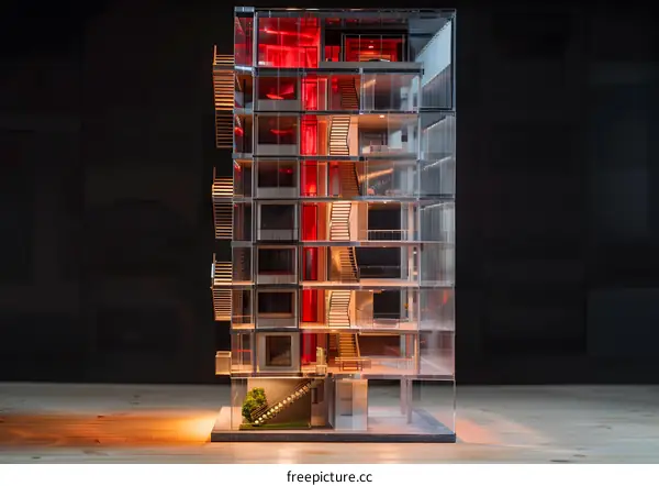 Transparent Building Model with Red Interior Lighting
