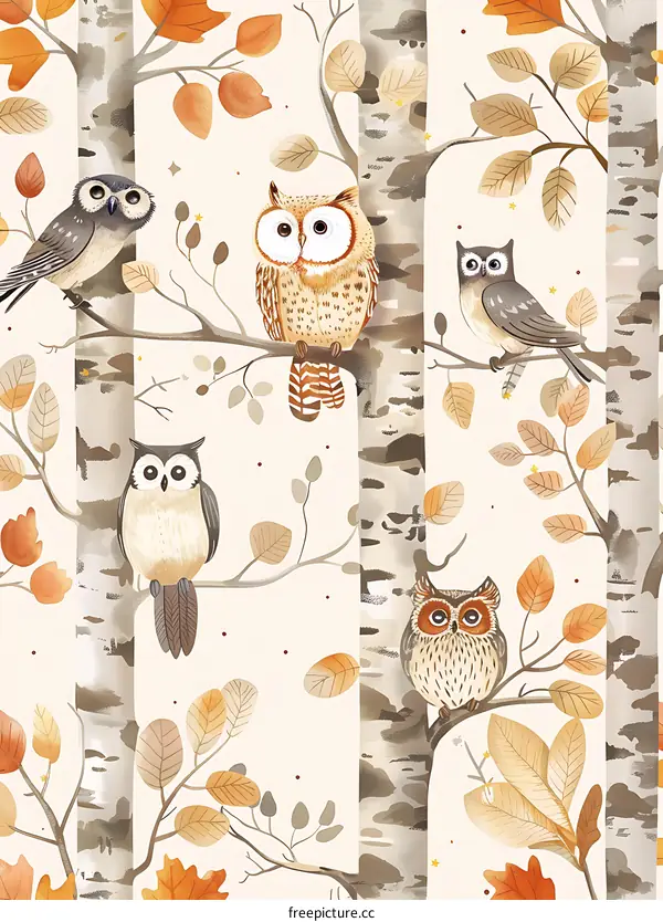 Autumn Owls Watercolor Illustration