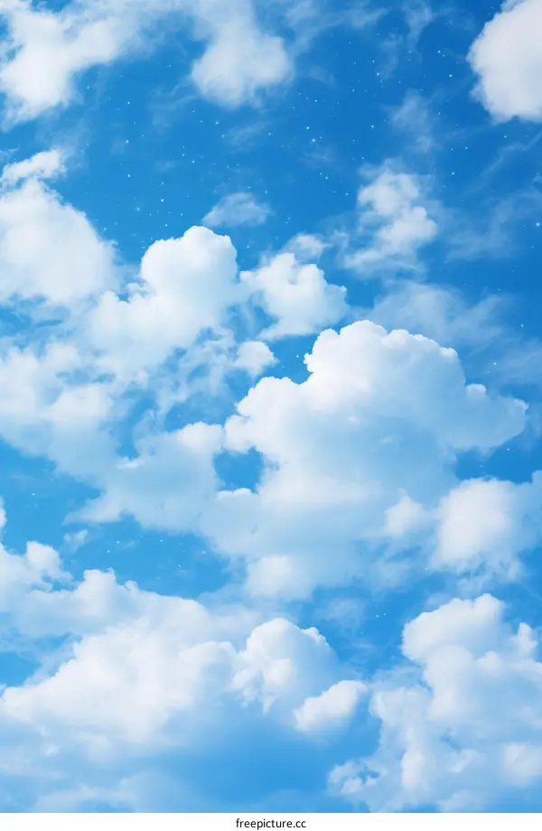 Blue sky with white clouds and stars