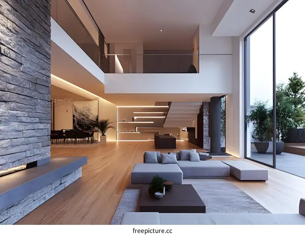 Modern Interior Design with a Fireplace and Large Windows