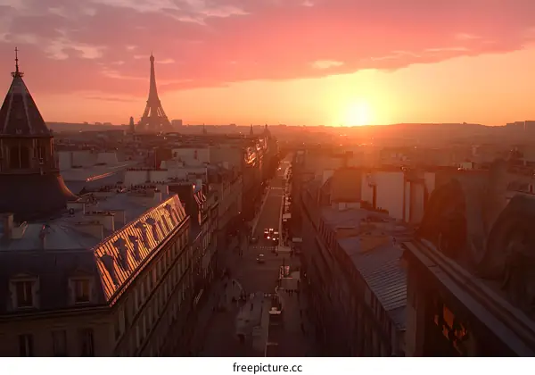 Aerial View of Paris with Eiffel Tower at Sunset
