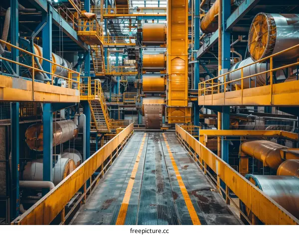 A factory with blue and yellow pipes and machinery