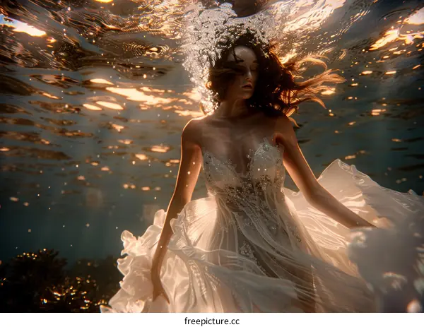 An underwater photo of a woman wearing a wedding dress