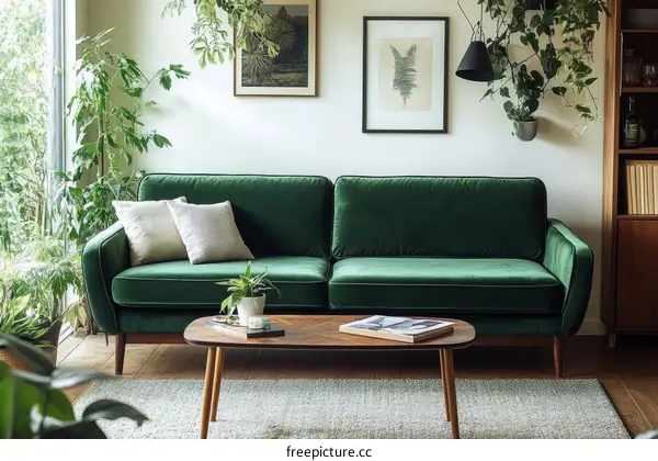 Emerald Green Velvet Sofa in a Modern Living Room