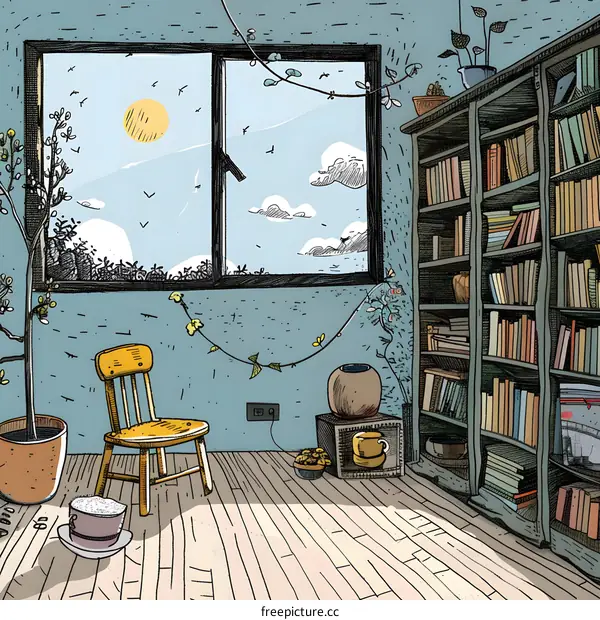 A Room with a Window View and Bookshelf