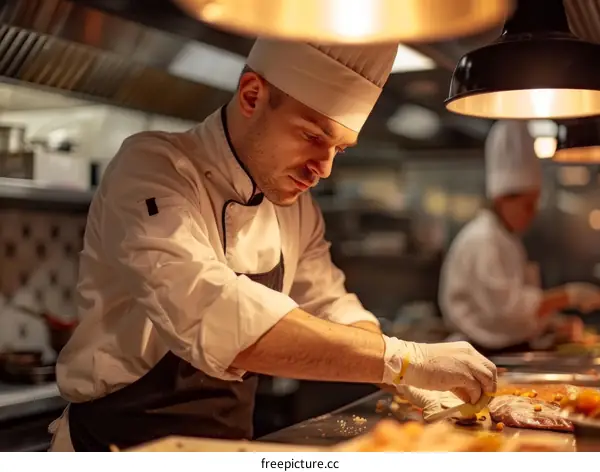 Focused male chef in white uniform and gloves carefully garnishing dish in commercial kitchen