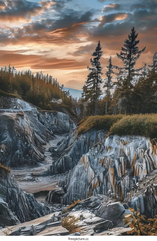 Stunning Sunset View of a Mountainous Landscape with Sharp Rock Formations