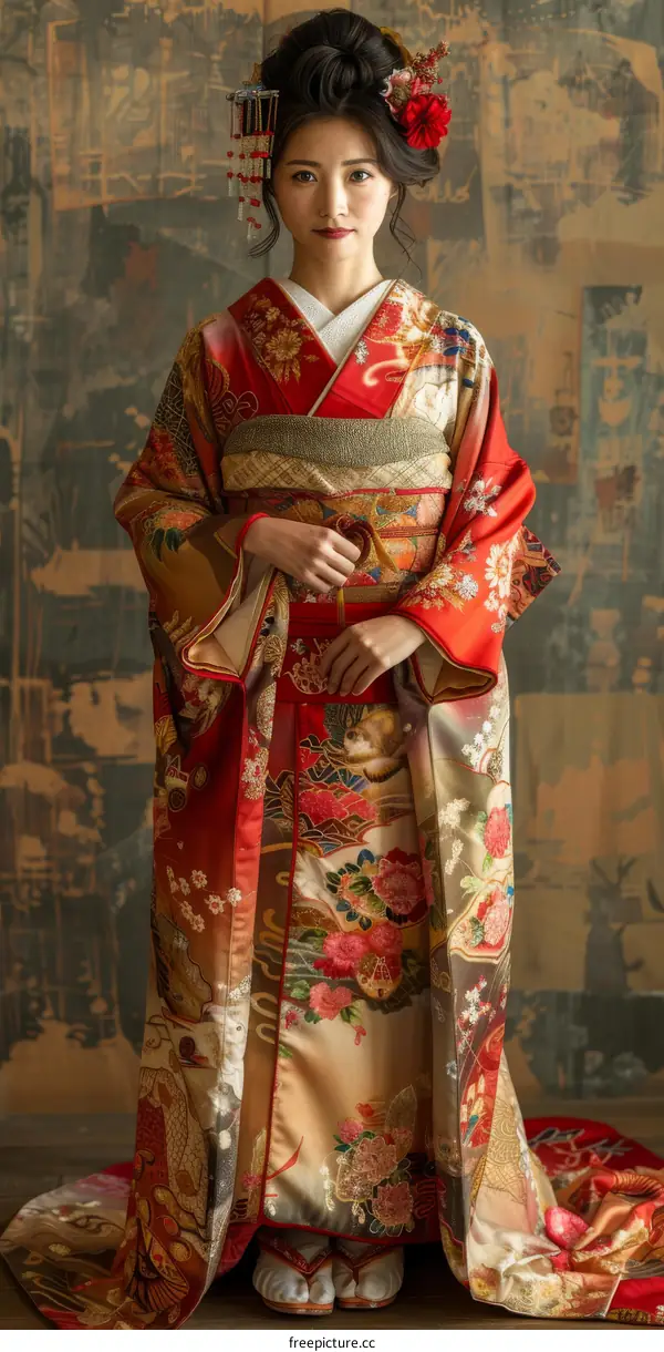A Japanese woman wearing a red kimono with floral patterns and a white obi