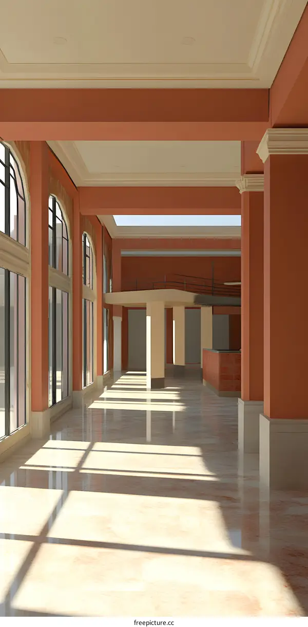 Modern Interior Design of a Large Hall with Tall Windows