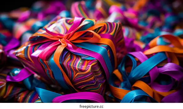 A beautifully wrapped present with a bow sits on a pile of colorful ribbons