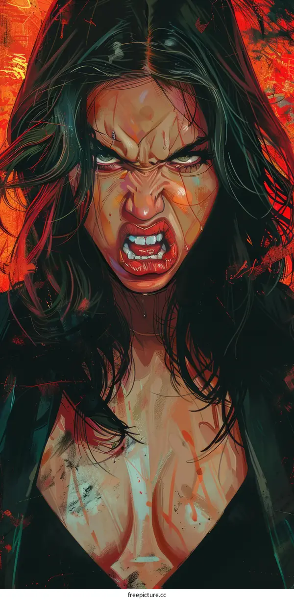 A woman with long black hair is screaming with her mouth open and her eyes wide.