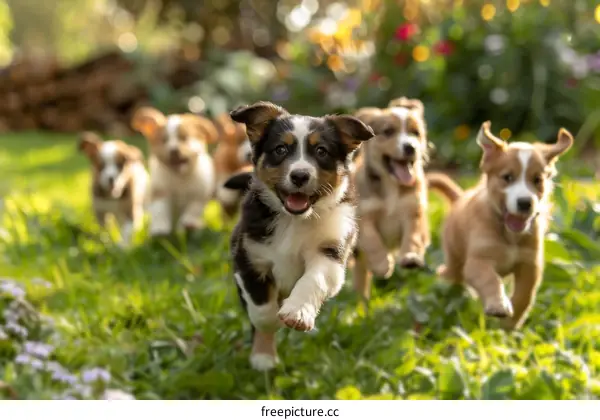 A pack of puppies is running on the grass
