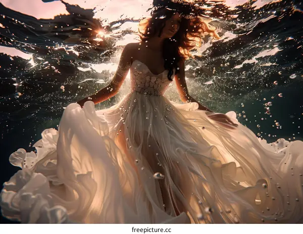 Elegant Woman in Flowing White Dress Underwater