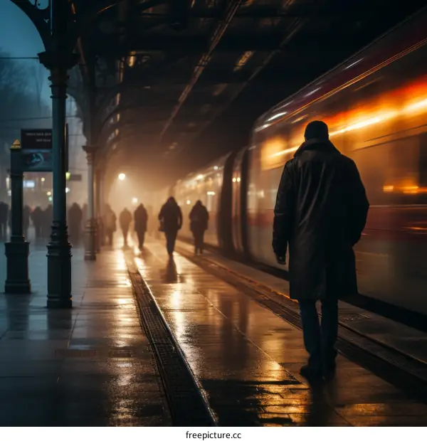Man in a long black coat standing on a platform as a train speeds past