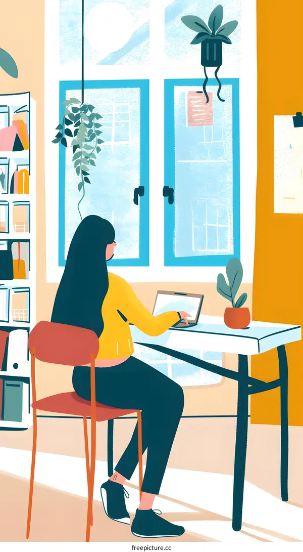 Woman Working on Laptop at Home Office with Plants