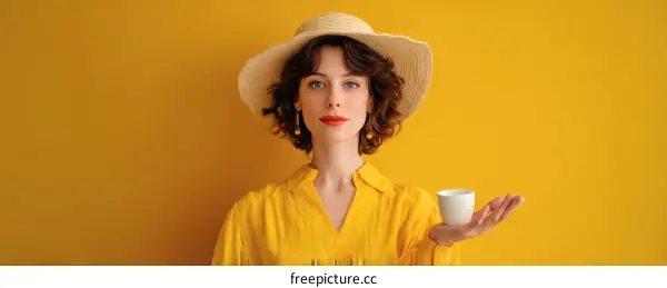Woman in Yellow Outfit Holding a Cup Against a Solid Yellow Background