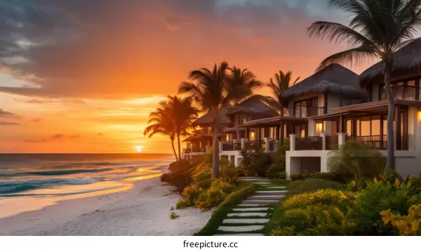 Beachfront luxury resort with thatched roof villas at sunset