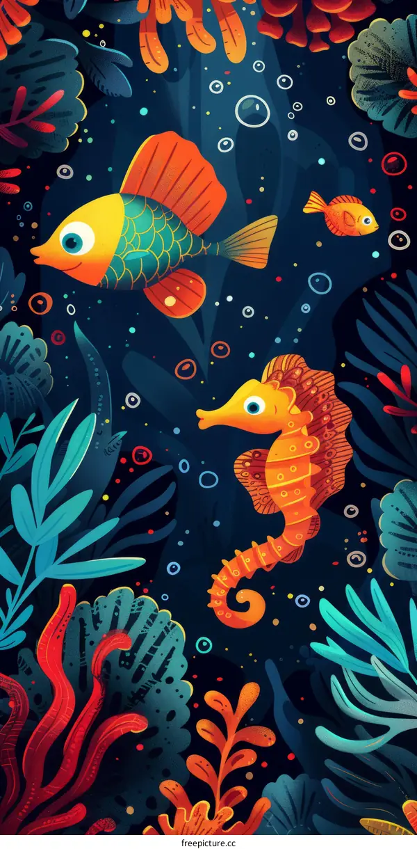 Tropical fish and seahorse in the deep blue sea