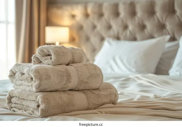 Stacked Towels on a Hotel Bed