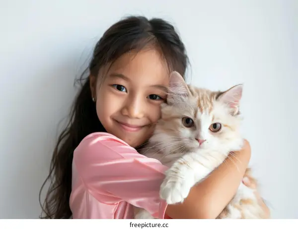 Little Asian girl hugging a cat