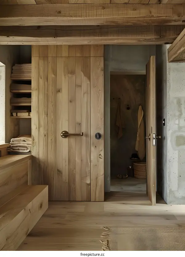 Rustic Wooden Interior Design With Exposed Beams And Open Doorway