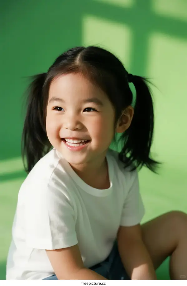 Happy Little Girl with Ponytails Sitting on Green Floor
