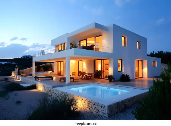 Modern White House with Swimming Pool at Dusk
