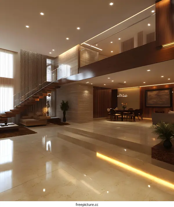 Modern Interior Design of a Luxury Home with a Glass Staircase and Wooden Flooring